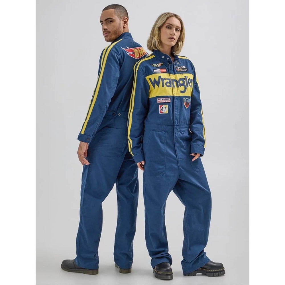 NWT Wrangler x Hot Wheels Men's Racing Coveralls Navy Yellow Jumpsuit Size XS